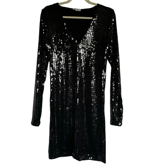 Good American Black Deep V Neck Sequin Dress Size Medium - Picture 1 of 8
